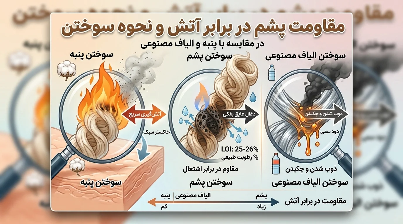 مقاومت پشم در برابر آتش؛ مقایسه رفتار پشم، پنبه و الیاف مصنوعی هنگام سوختن